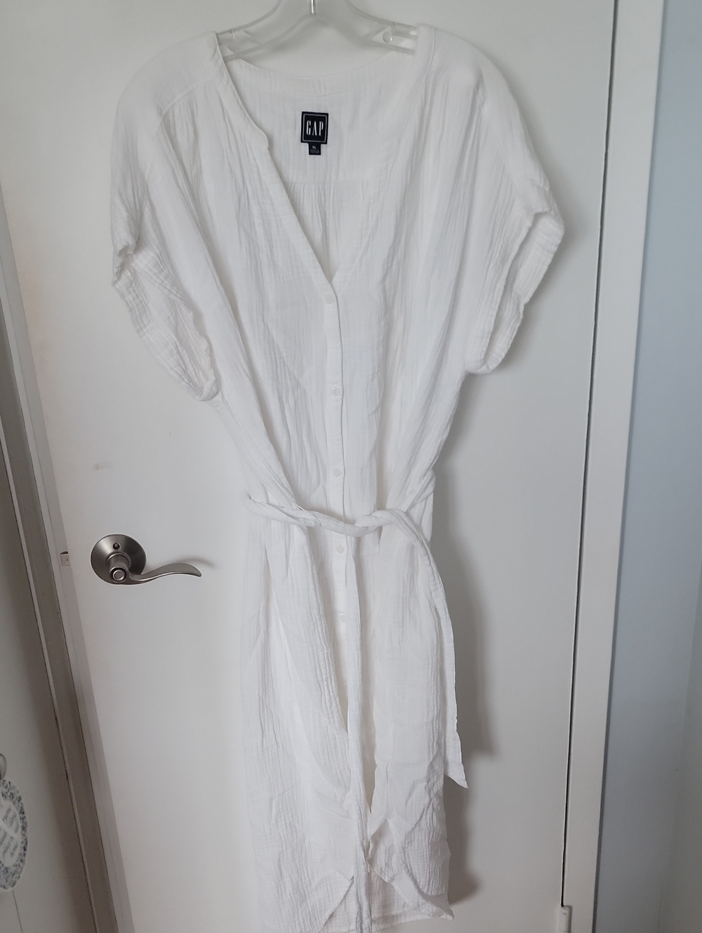 GAP White Midi Button-Down Belted Dress